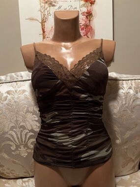 Women's Camo Lace Trim Ruched Cami Tank Top - Olive Green & Brown